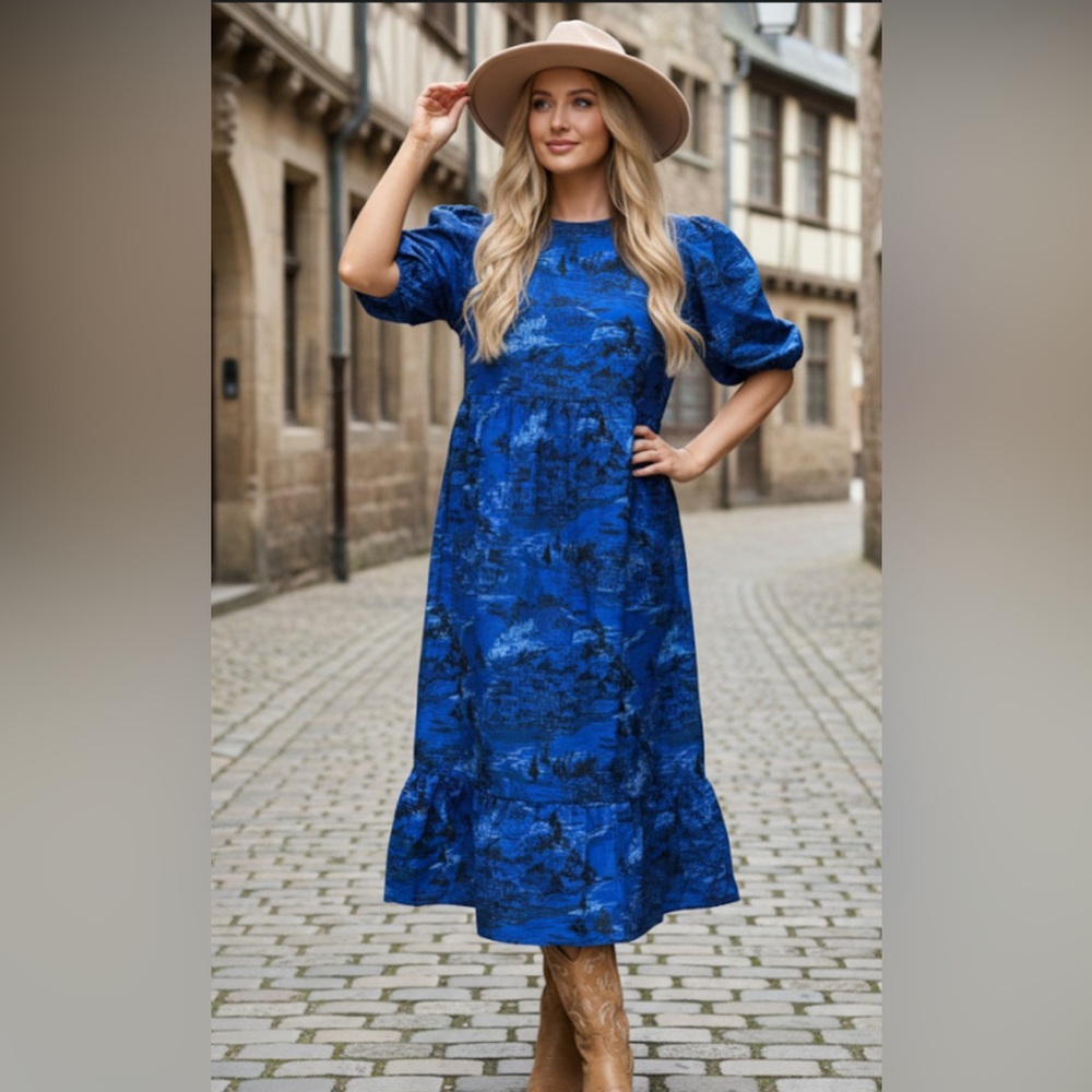 Sugarlips Royal Blue Puff Sleeve Midi Dress